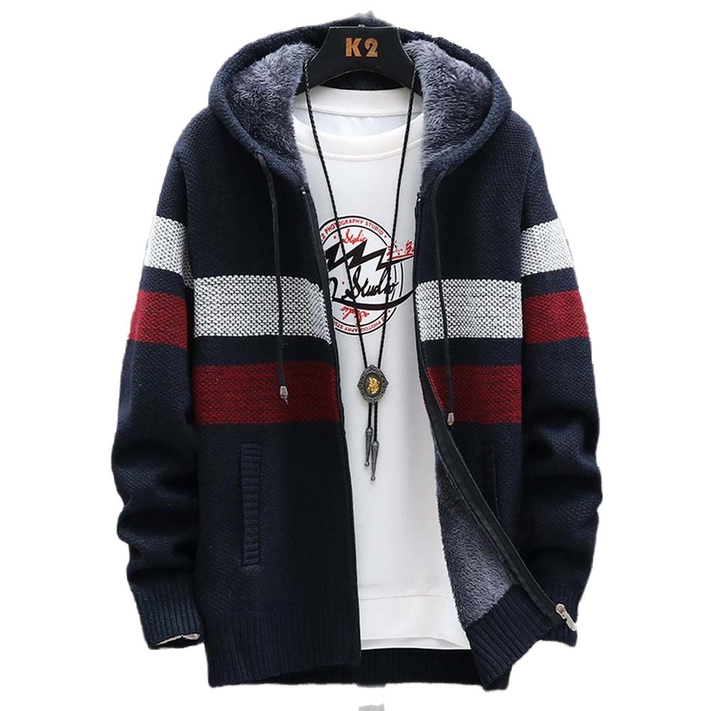 Fleece Hoodie Lined - الرجال سترة مقلمة معطف سميكة الصوف