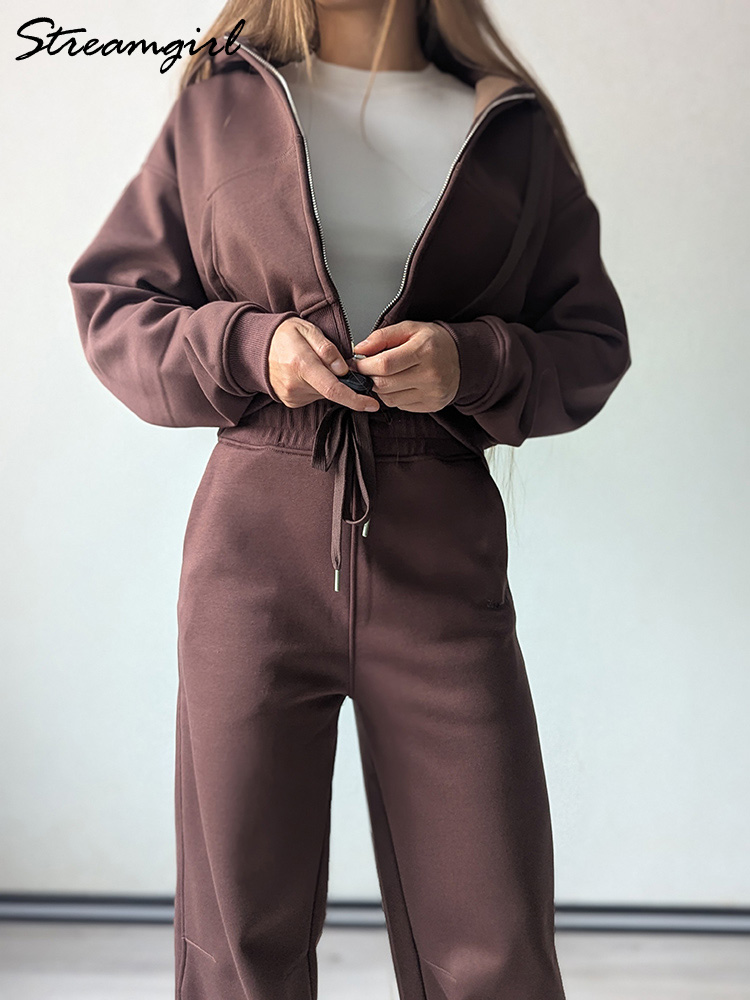 Fleece Hoodie Lined - الشتاء الصوف السراويل مجموعة النساء البني