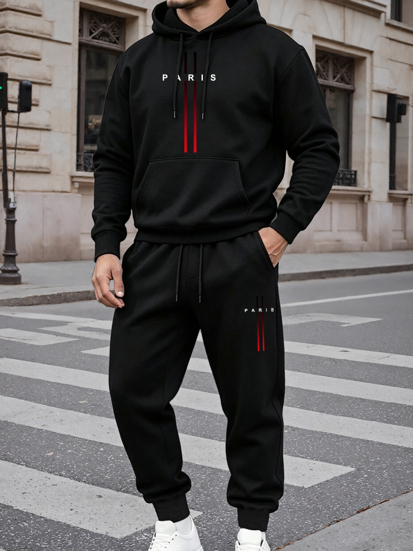 Fleece Hoodie Lined - طقم رياضي رجالي بطباعة باريس، هودي